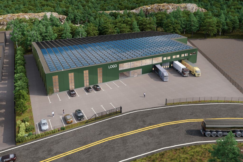 Flygvy över industriområde i Länna – Hallkonsulten ritar 100 000 kvm ny industrifastighet för logistikändamål.