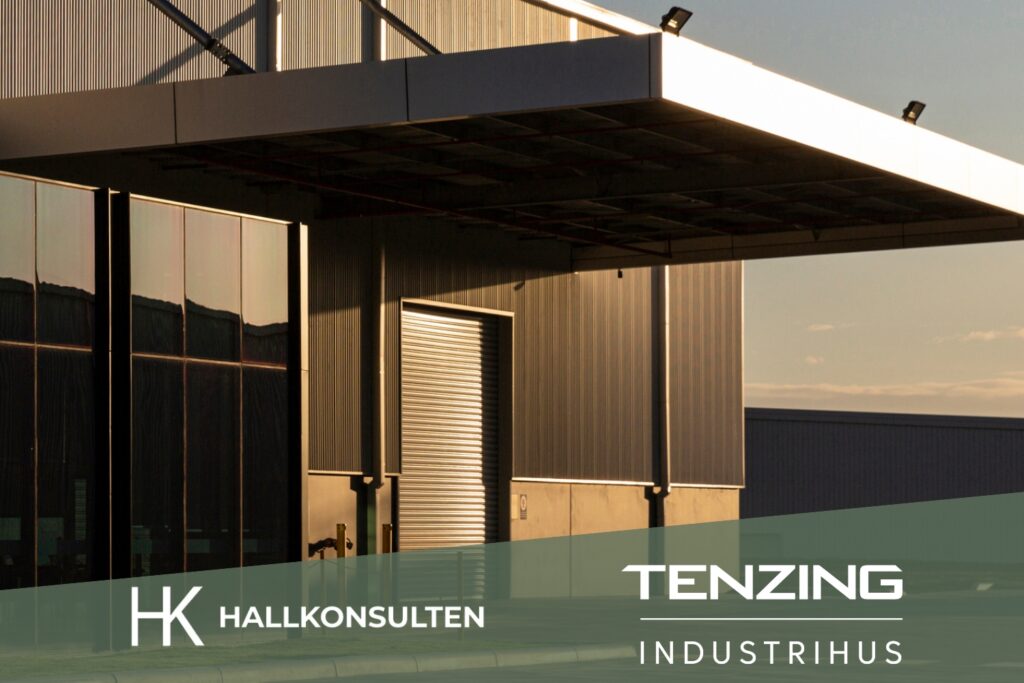 Stålstruktur under uppbyggnad – verkstadslokal och industrihall projekterad av Hallkonsulten för Tenzing.