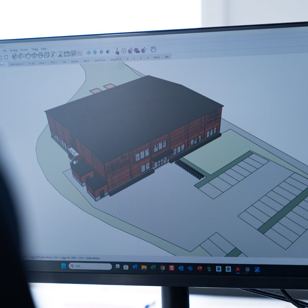 Projektering av affärsbyggnad i 3D 3D-modell av affärsbyggnad under projektering – planering av byggnadens utformning och ytor.