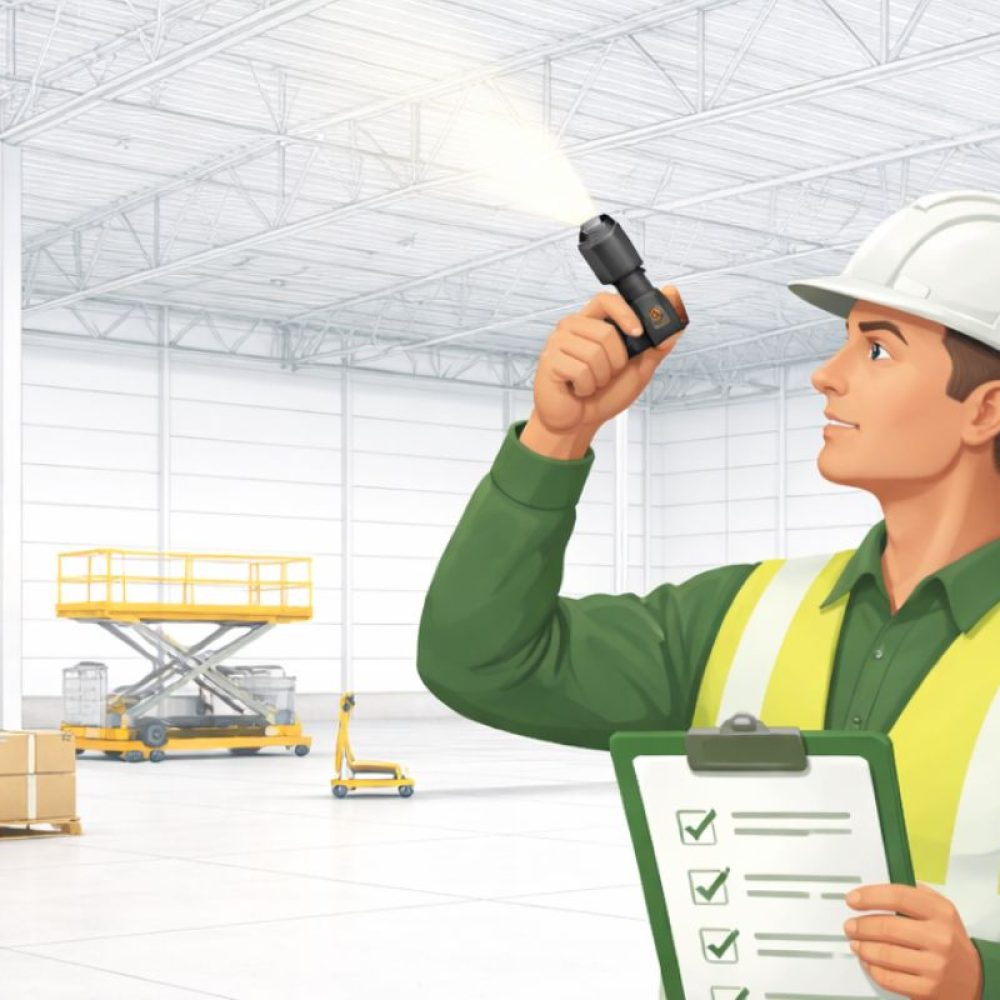 Certifierad entreprenadbesiktningsman granskar konstruktion i industrilokal.