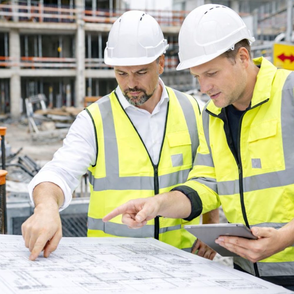 Certifierad kontrollansvarig går igenom ritningar på byggarbetsplats.