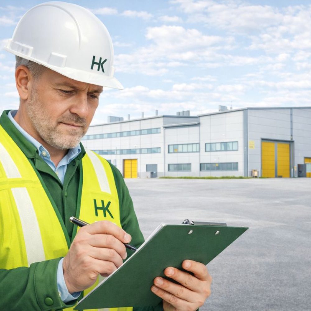 Certifierad entreprenadbesiktningsman granskar tekniska detaljer i byggprojekt.