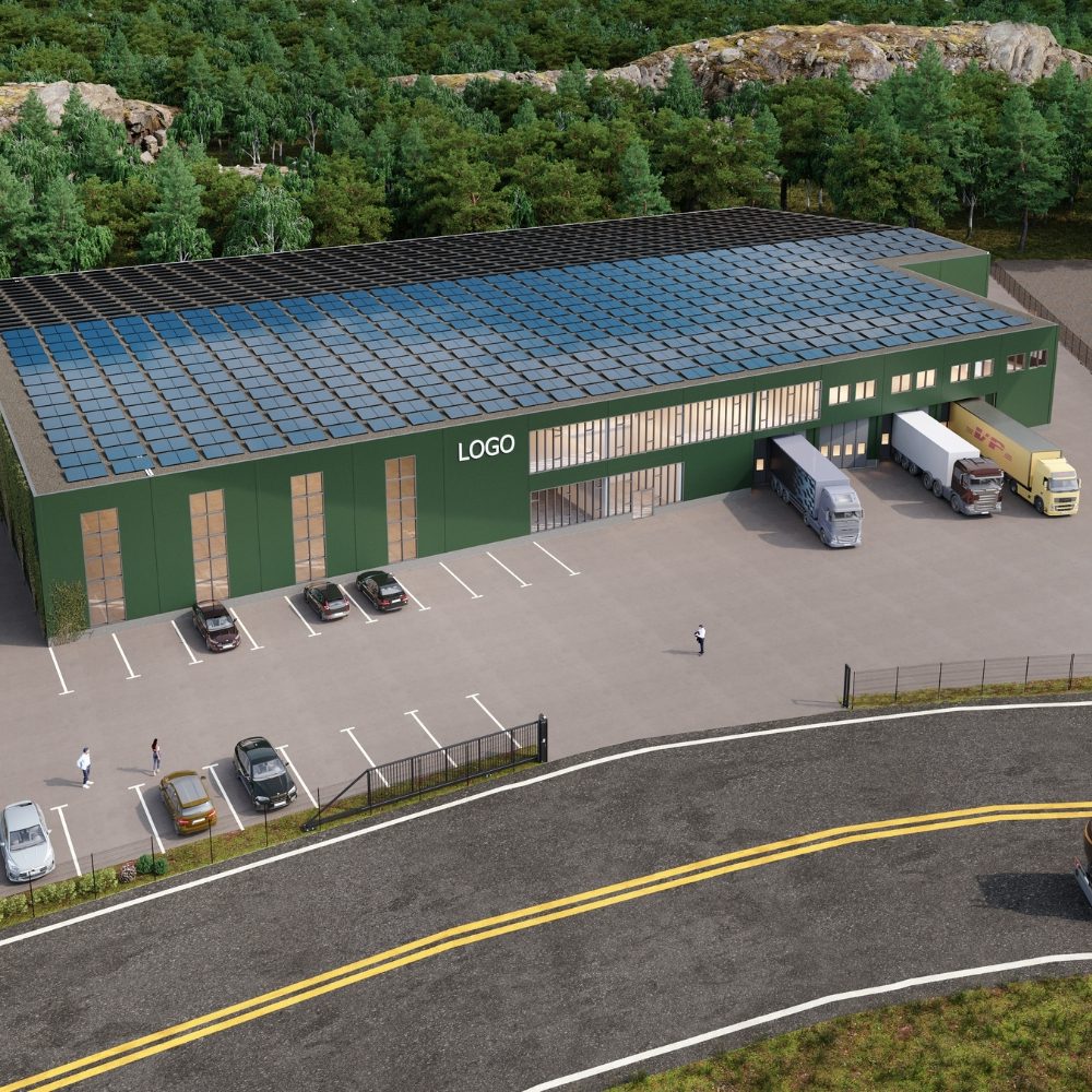 Flygvy över industriområde i Länna – Hallkonsulten ritar 100 000 kvm ny industrifastighet för logistikändamål.