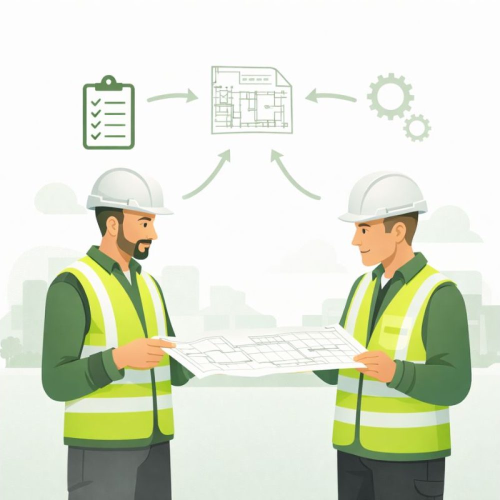 Besiktningsman diskuterar åtgärder vid entreprenadbesiktning på byggarbetsplats.