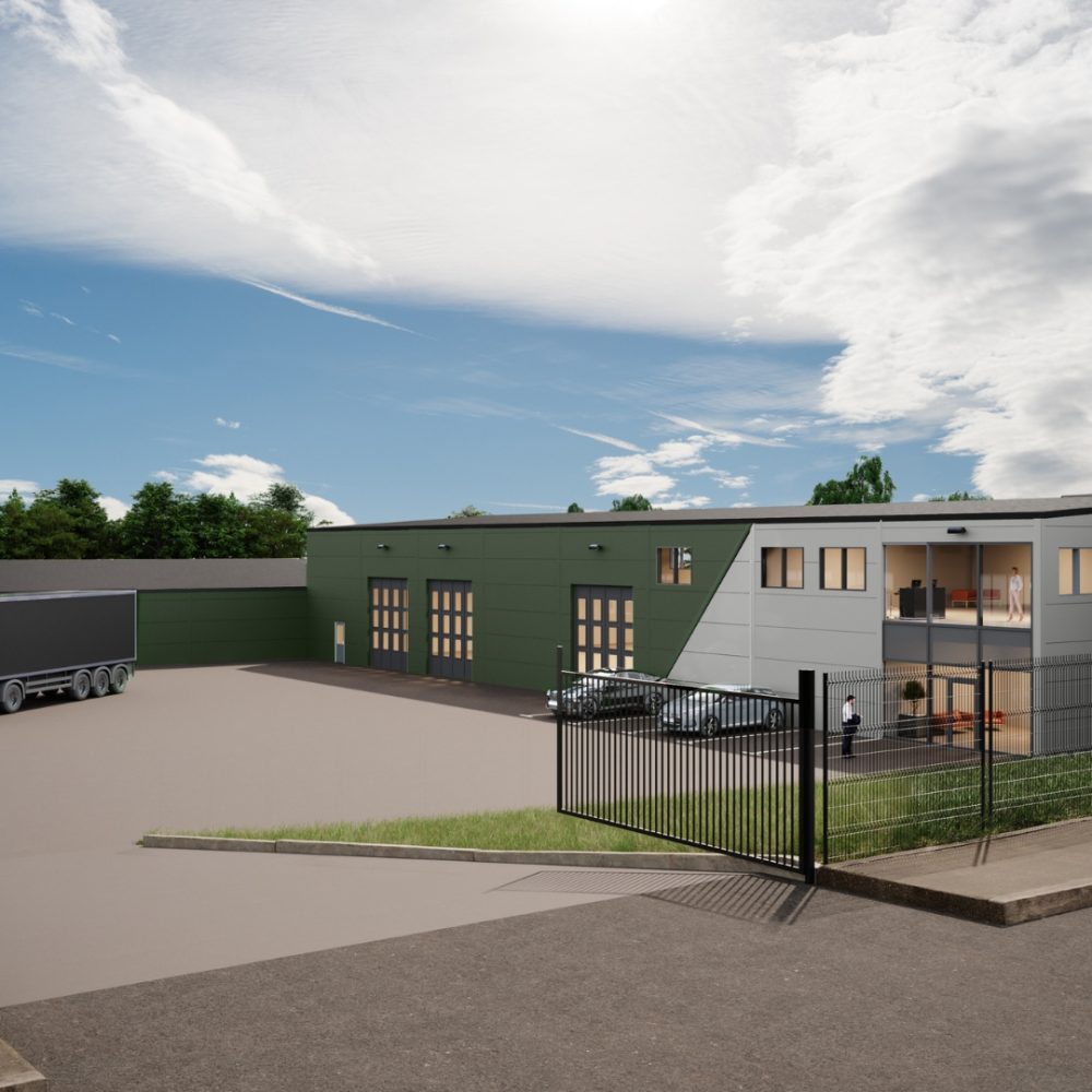 Visualisering av modern lagerhall – exempel på arkitektritning från Hallkonsulten.