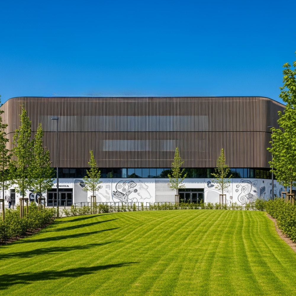 Modern sporthall med träfasad – Hallkonsulten Modern sporthall med träfasad och stora glaspartier – Hallkonsulten